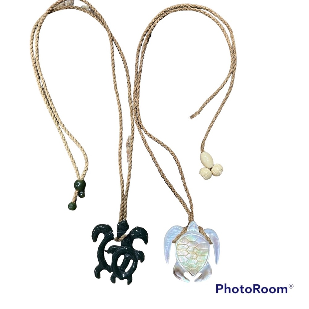 Pair of Carved Water Buffalo Bone Sea Turtle Hawaiian Necklaces Green White/Tan